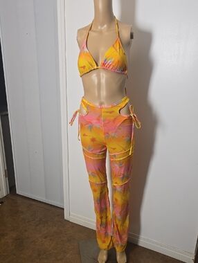 3 Piece Beach Set Sheer Pants And Opaque String Tie Bikini - xs-small
